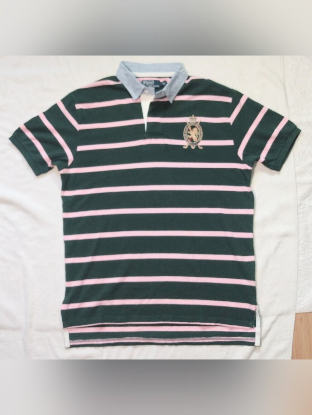 Vintage POLO Ralph Lauren Striped Pink Green Embroidery Oxford Collar Rugby -LRG